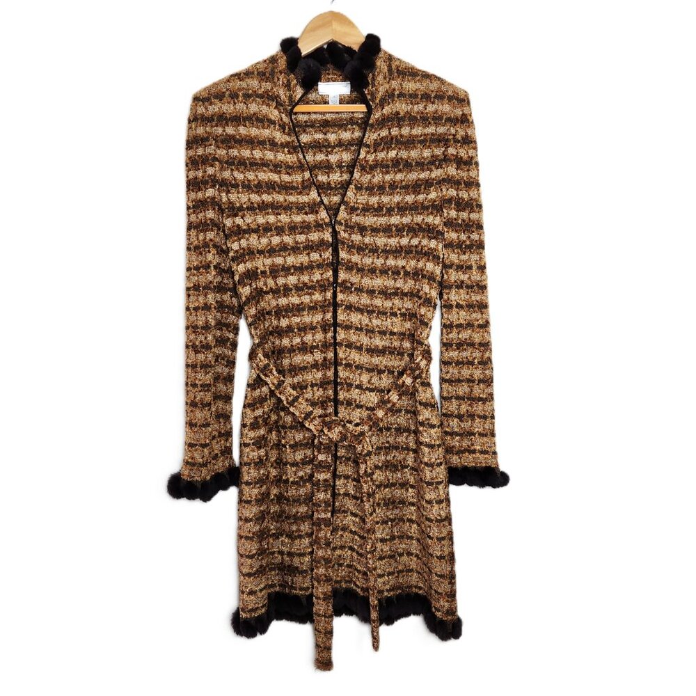 St. John Sport Vintage Brown Fur Trim Belted Knit Cardigan Sweater Jacket size S